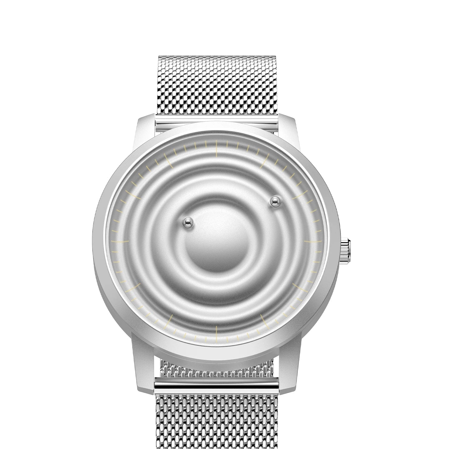 Orbitra Magnetic Watch with minimalist design and magnetic ball bearing system on silver mesh band.