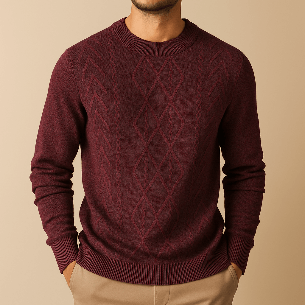 Arezzo Sweater for men in burgundy, with geometric weave, offering warmth and comfort, ideal for winter layering and everyday stylish wear.