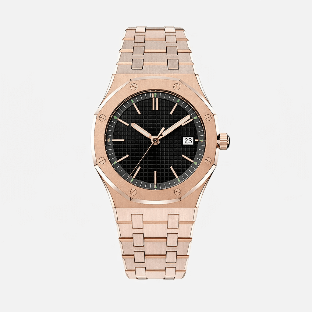 Aurex Sovereign Steel Watch – Premium men's timepiece with elegant rose gold finish and black dial