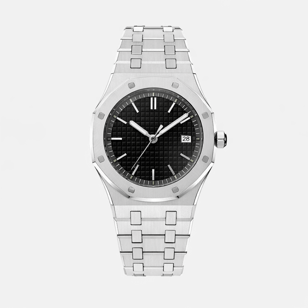 Aurex Sovereign Steel Watch displayed with a black dial and stainless steel bracelet, showcasing men's luxury and elegance in design.