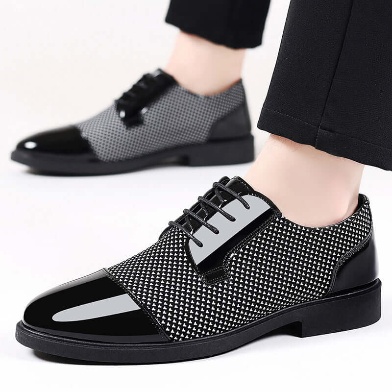 Brinell Dress Shoes with black and white design, breathable upper, and cushioned insole for comfort and style in formal settings.