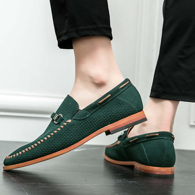 Calviano Suede Loafers men's leather formal slip-on shoes with polished strap and orthopedic insole, featuring premium suede and elegant stitching.