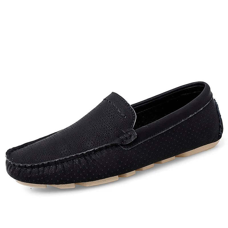 Giuliano Leather Loafers for men, luxury slip-on, black genuine leather, orthopedic insole, elegant formal style, perforated design
