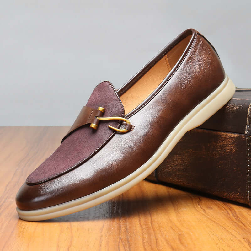 Matteo Leather Loafers with suede details and hook accent, men's formal slip-on leather shoes for luxury style and all-day comfort.