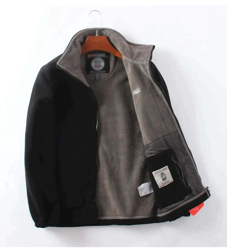 Men's hooded jacket with double-layer lining open view showcasing interior details
