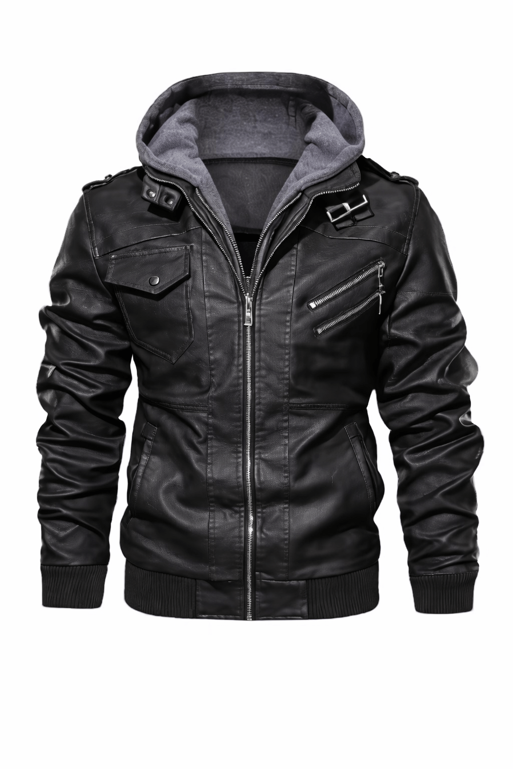 Men’s Leather Jacket in classic fit urban style with hoodie and zipper pockets, perfect for stylish comfort.