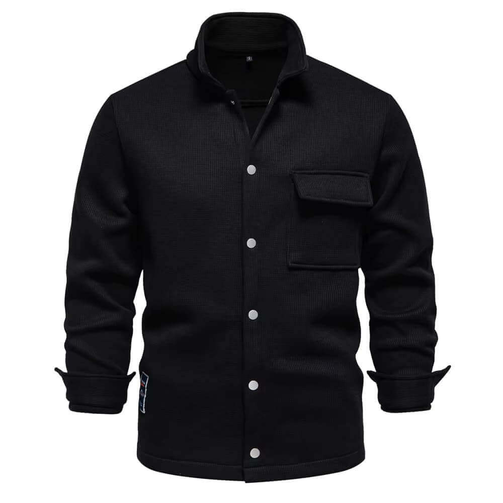 Men's premium winter jacket in black with button front and pocket design.