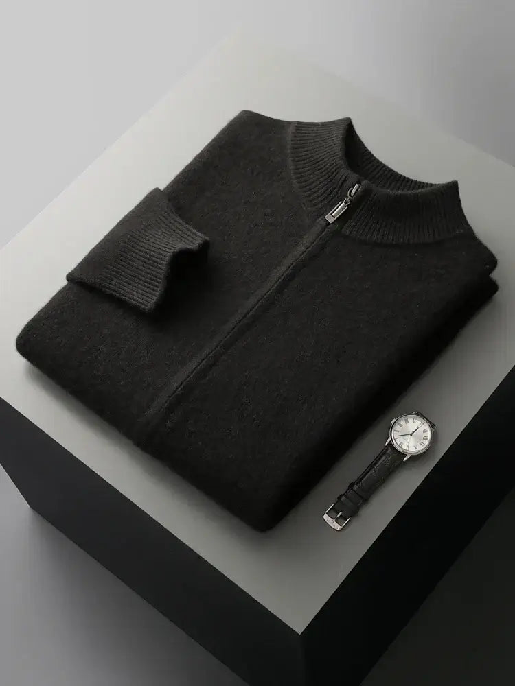 Merino Crest Cardigan showcasing seamless, soft merino wool fabric for warmth and style. Perfect men's winter sweater for cozy, everyday layering.
