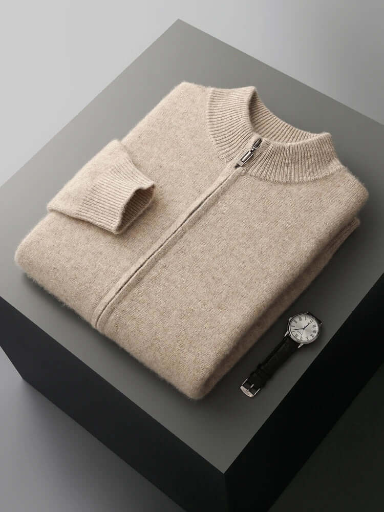 Merino Crest Cardigan showcasing soft merino wool texture, emphasising warmth and comfort for men's winter knitwear styling