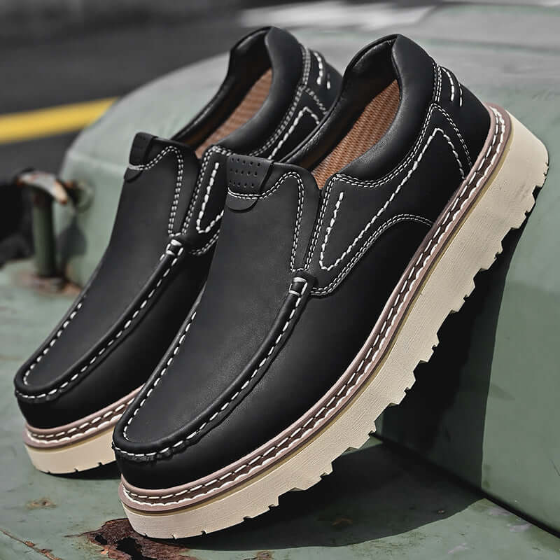 Monza Leather Loafers on display showcasing premium cow leather, orthopedic comfort, and slip-resistant outsole for formal elegance.