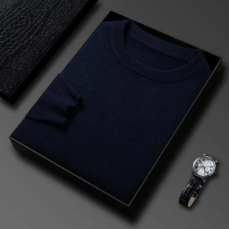 Orizio Knit Sweater in elegant packaging, showcasing a luxurious men’s winter sweater with premium knit-blend and cozy warmth, ideal for layering.