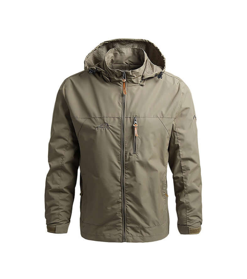 Outdoor Shield Jacket – Windproof & Water-Resistant, lightweight men's hooded jacket in a khaki color for outdoor protection.