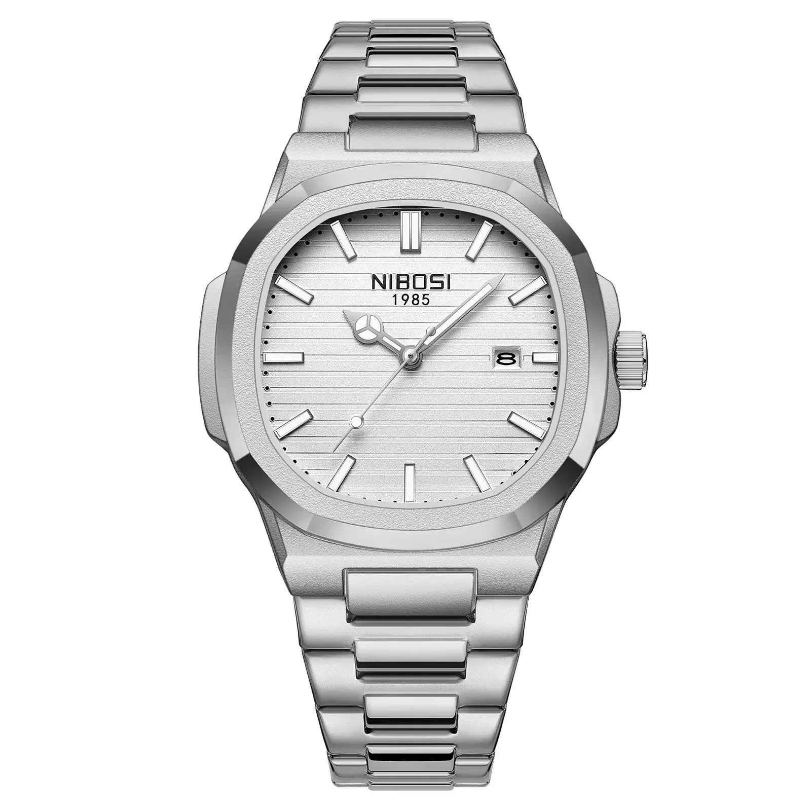 Silver wristwatch with metal strap, featuring a sleek design and minimalist watch face. Ideal for modern men seeking luxury and style.
