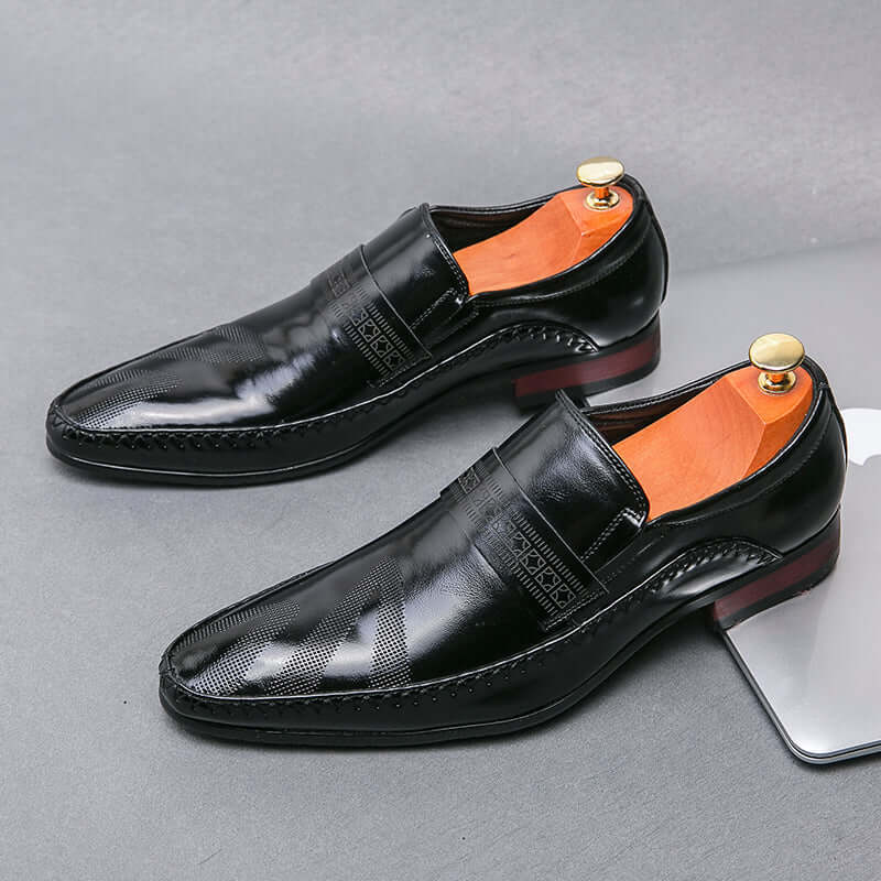 Silvano Leather Loafers in black Italian leather with patterned strap and side stitching, elegant men's slip-on formal luxury loafers.
