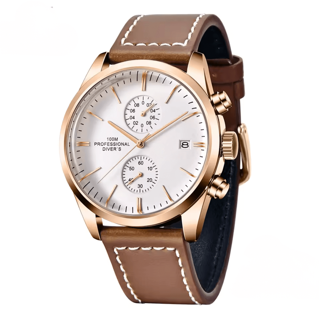 Valcrest Aviation – Classic Chronograph, gold case with brown leather strap, aviation-inspired men's watch