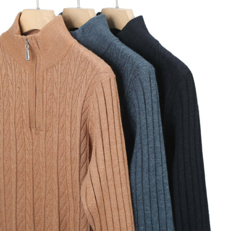 Valerio Quarter-Zip Sweater in soft wool-blend, featuring ribbed knit and mock neck for warmth and winter style. Perfect men's winter knitwear.