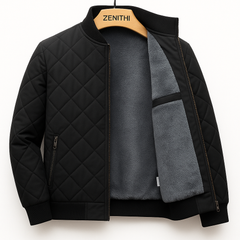 Stylish black men's jacket with quilted design and soft grey lining, perfect for any season.