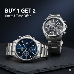 Elegant men's watch with green dial during buy one get one men's watch offer, overlooking marina with New Year sale signage.