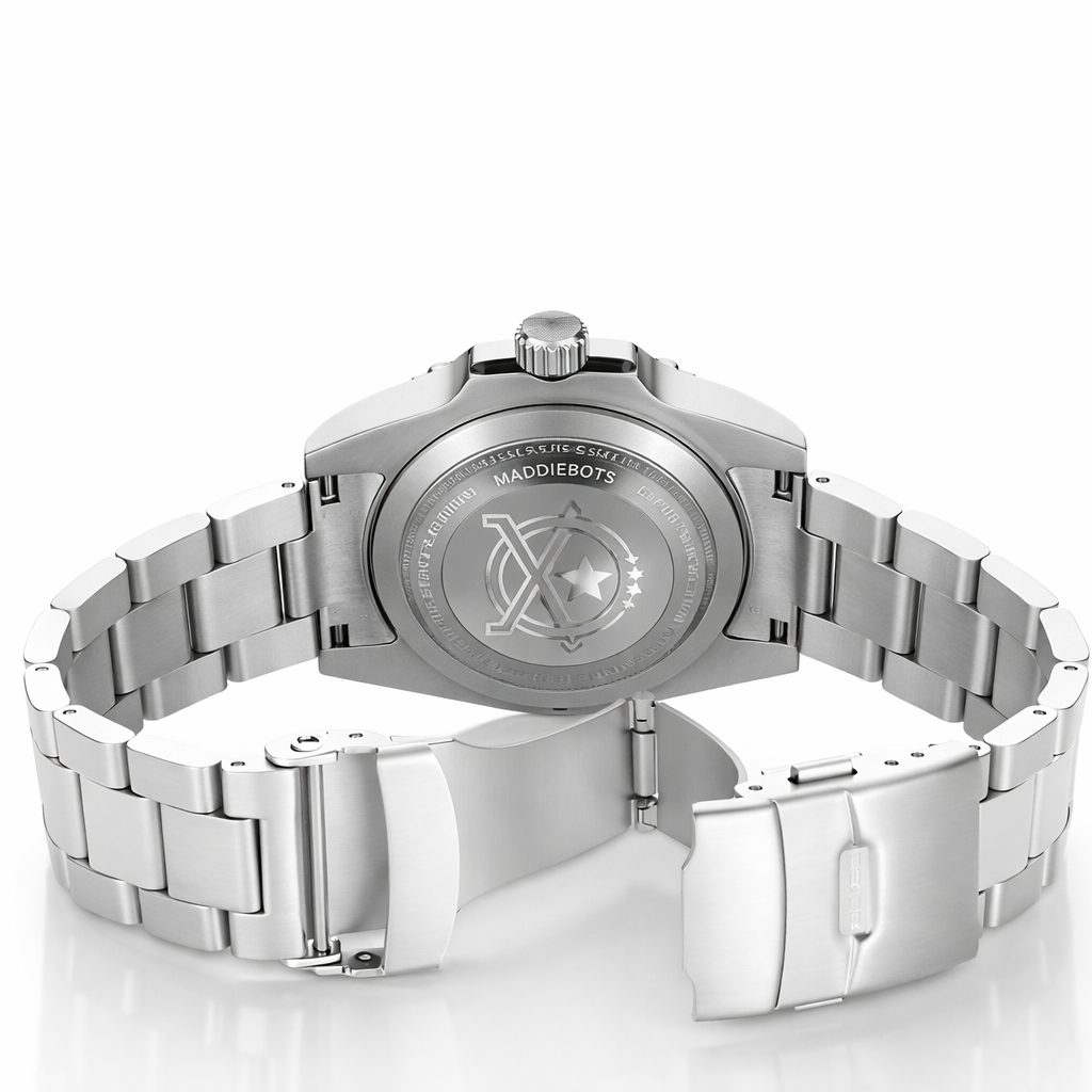 Back view of Seaforge Men’s Diver Watch – 20Bar Stainless Steel Quartz showing stainless steel bracelet and engraved caseback detail.