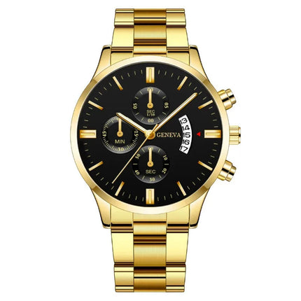 Eclipse Men’s Quartz Watch – Calendar Dial with gold steel bracelet, black minimalist dial, and calendar display for everyday style.