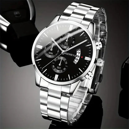 Eclipse Men’s Quartz Watch – Calendar Dial with steel bracelet, numberless face, and calendar display for a smart-casual look.
