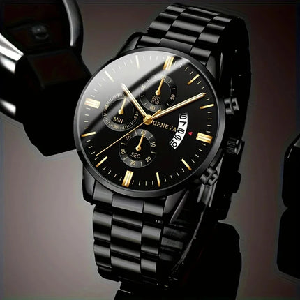 Eclipse Men’s Quartz Watch – Calendar Dial, featuring a sleek black steel bracelet and minimalist numberless face with calendar display.