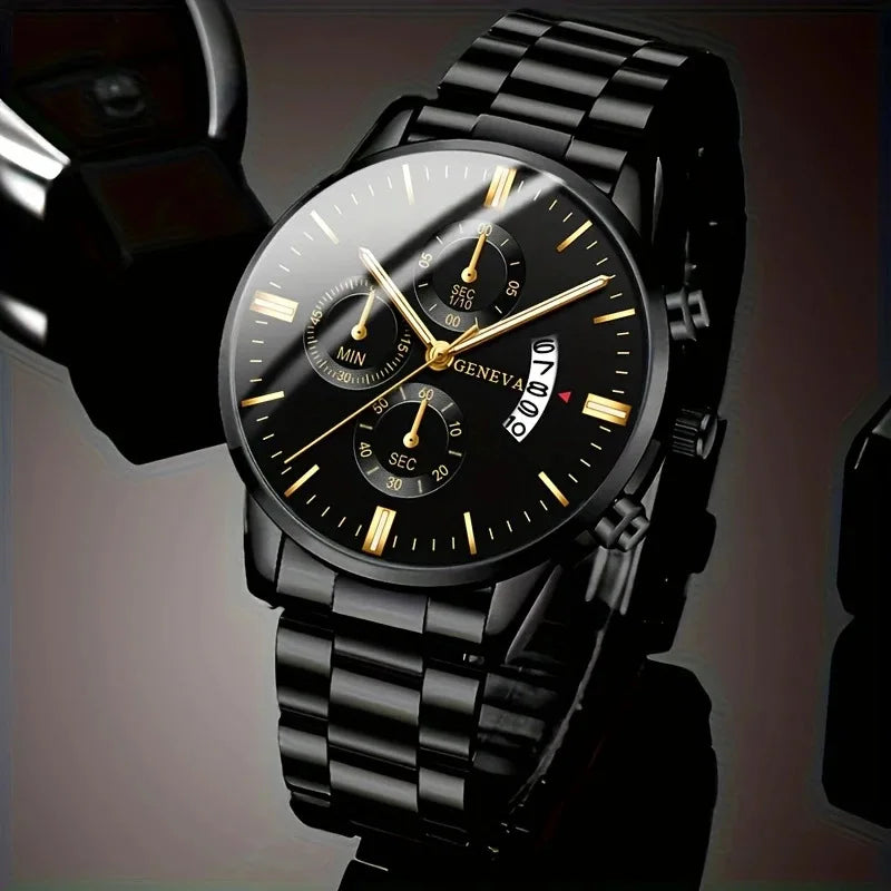 Eclipse Men’s Quartz Watch – Calendar Dial, featuring a sleek black steel bracelet and minimalist numberless face with calendar display.