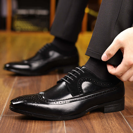 Person wearing Milano Dress Shoes with Italian leather and suede, featuring orthopedic insoles for style and comfort.