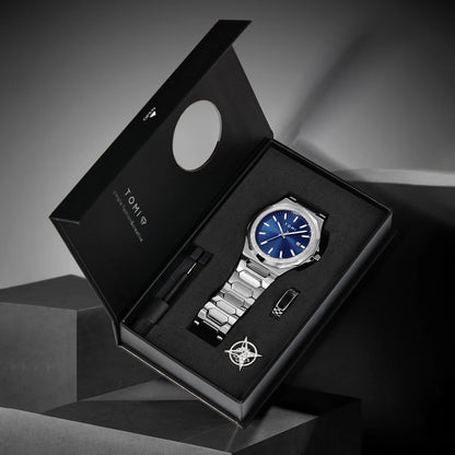 Northport Business Watch in gift box with stainless steel band and blue dial, showcasing minimalist design and complete calendar display.