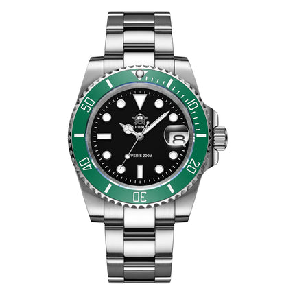 Seaforge Men’s Diver Watch – 20Bar Stainless Steel Quartz with green bezel, showcasing luminous hands and 20Bar water resistance.