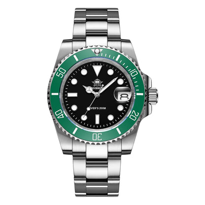 Seaforge Men’s Diver Watch – 20Bar Stainless Steel Quartz with green bezel, showcasing luminous hands and 20Bar water resistance.