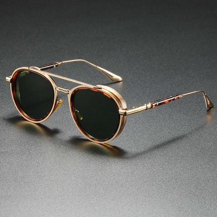Round polarised sunglasses with gold alloy frame on dark background, Altura Signature Shades.