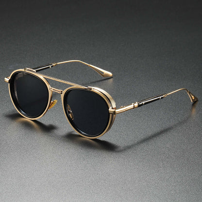 Round polarised sunglasses with alloy frame showcasing Altura Signature design on dark background.