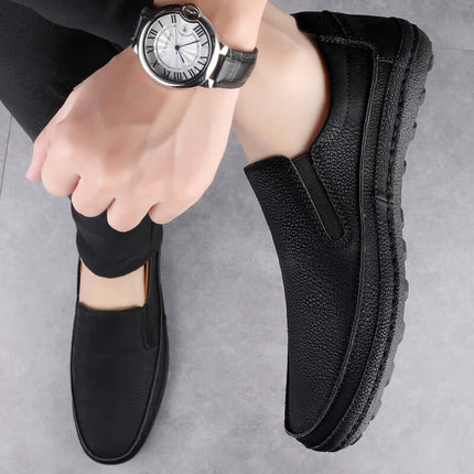 Alvero Genuine Leather Loafers - Men's luxury slip-on shoes in black, featuring formal style with orthopedic insole and flexible rubber sole.