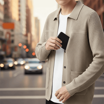 Man wearing relaxed Archer Cardigan, ribbed texture