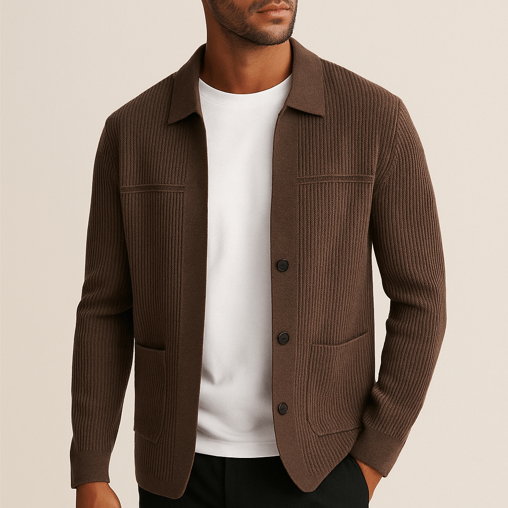 Archer Cardigan - Men's winter sweater featuring ribbed texture, deep front pockets, ideal for layering, offering warmth and soft comfort.