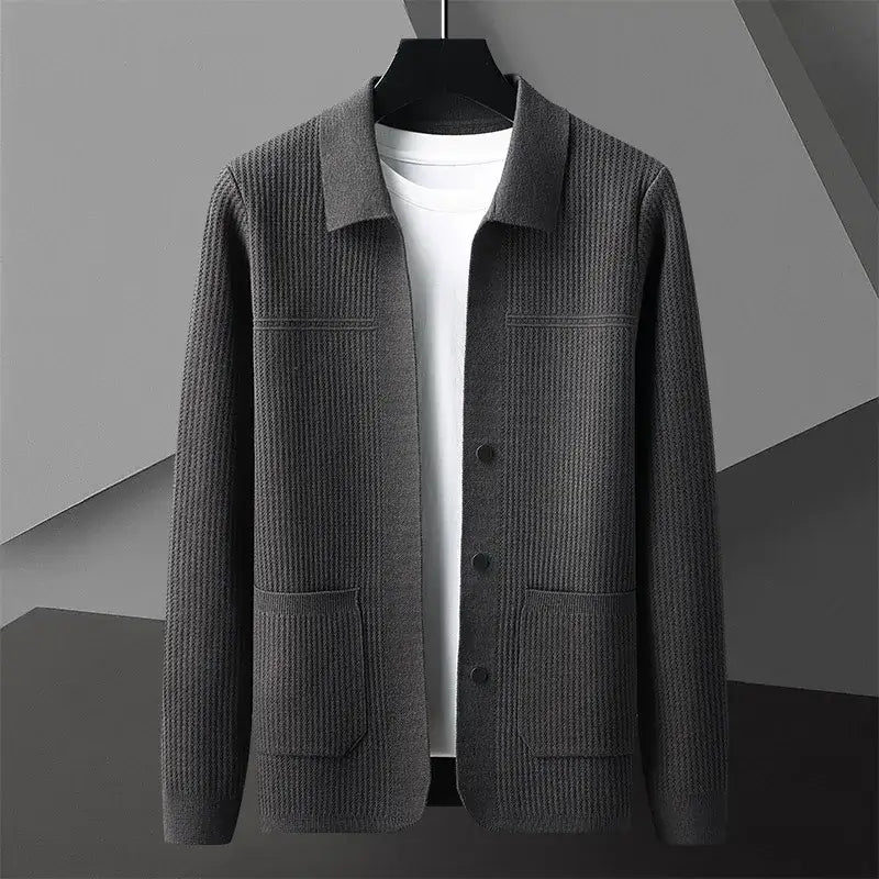 Archer Cardigan for men - warm ribbed knit sweater with tailored collar and deep pockets, perfect for winter layering and everyday comfort.