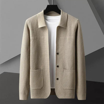 Archer Cardigan for men, warm winter knitwear with ribbed texture, deep pockets, and tailored collar, perfect for cozy everyday layering.