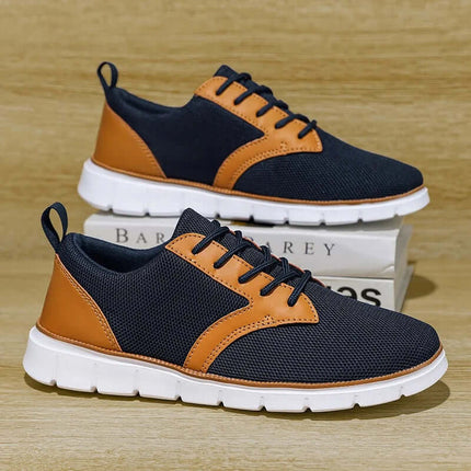 Arden Mesh Sneakers in navy and tan, men's casual sneakers showcasing versatile style, breathable mesh, lightweight for everyday comfort.