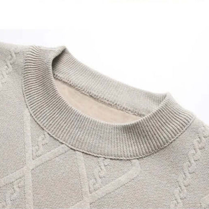 Arezzo Sweater showcasing geometric weave and ribbed collar, ideal for men's winter style, and cozy knitwear layering.