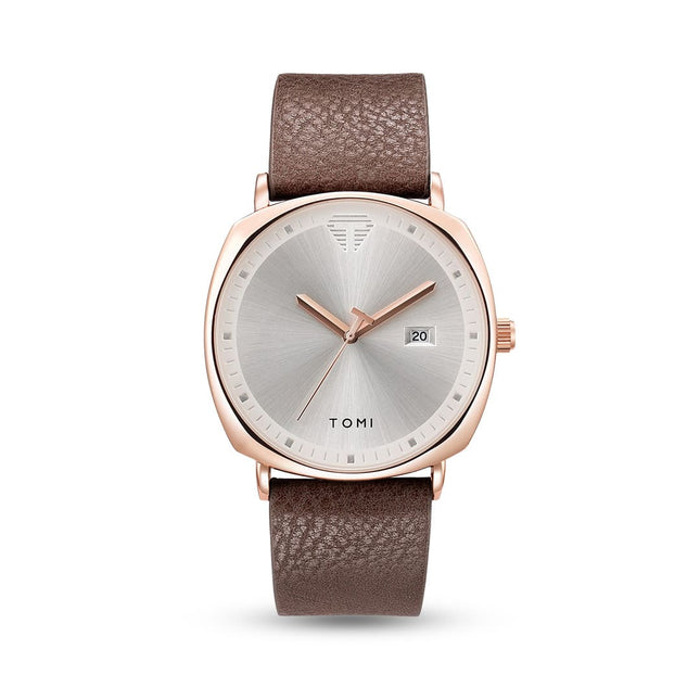 Aurex Milano Heritage Leather Edition watch with brown leather strap and silver dial, designed for luxury and simplicity.