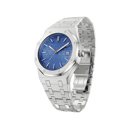 Aurex Sovereign Steel Watch, premium men's timepiece with silver band and blue dial, showcasing elegant and sophisticated design.