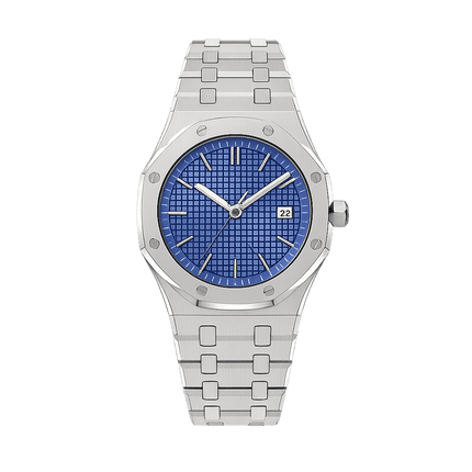 Aurex Sovereign Steel Watch with blue dial, premium men's timepiece showcasing a sleek design with date display on stainless steel bracelet.