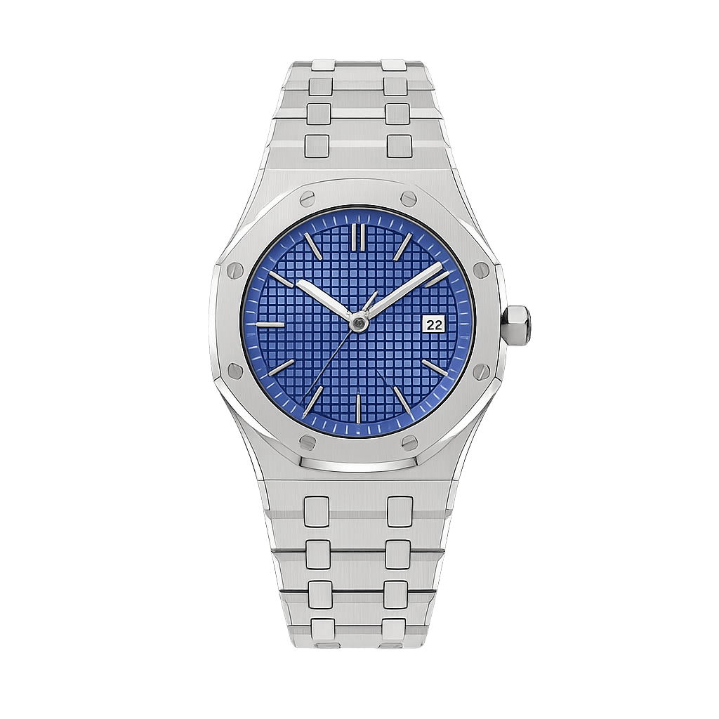 Aurex Sovereign Steel Watch with blue dial, premium men's timepiece showcasing a sleek design with date display on stainless steel bracelet.