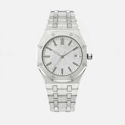 Silver Aurex Sovereign Steel Watch with grid-patterned dial and date display