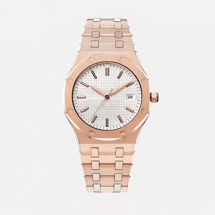 Aurex Sovereign Steel Watch – Premium men's timepiece with rose gold accents and white dial, luxury design for men.