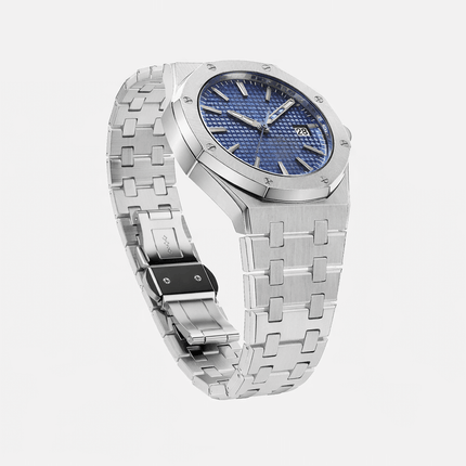 Aurex Sovereign Steel Watch with blue dial, premium men's timepiece showcasing luxury design and craftsmanship.