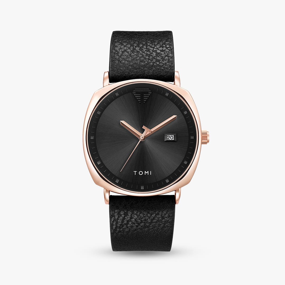 Aurex Milano Heritage Leather Edition watch with a black leather strap and a sleek minimalist face, perfect for refined luxury style.