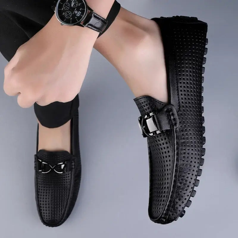 Elegant Beaumont Leather Loafers with perforated design, ideal for formal occasions. Men's slip-on luxury leather shoes for comfort and style.