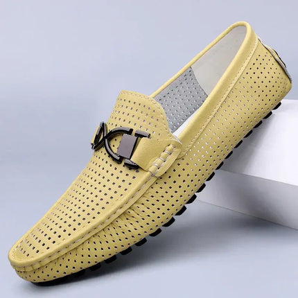 Luxurious yellow leather slip-on loafers for men with stylish perforated design and elegant metal buckle, showing a premium formal shoe